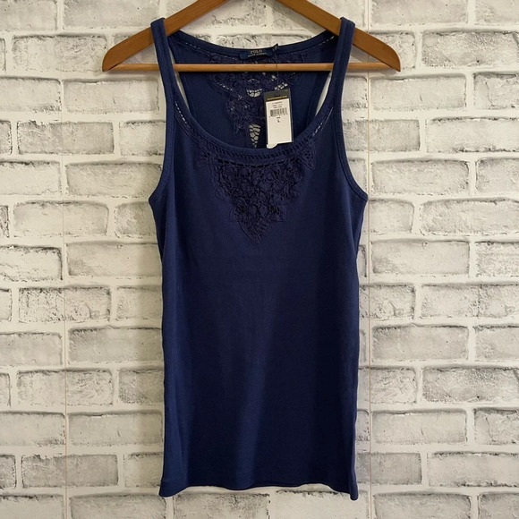 NWT! Women’s POLO Ralph Lauren blue tank top back crochet Large - Picture 1 of 4